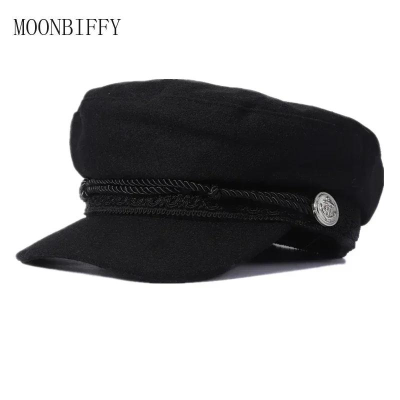 Fashion Women Men  Spring Autumn Sailor Black Ladies Beret Top Captain Cap Travel  Octagonal Hat