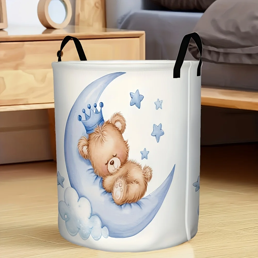 1pc Foldable Sleeping Bear Laundry Basket Circular Dirty Clothes Bin with Sturdy Handles And Bear Print Suitable for Bedside