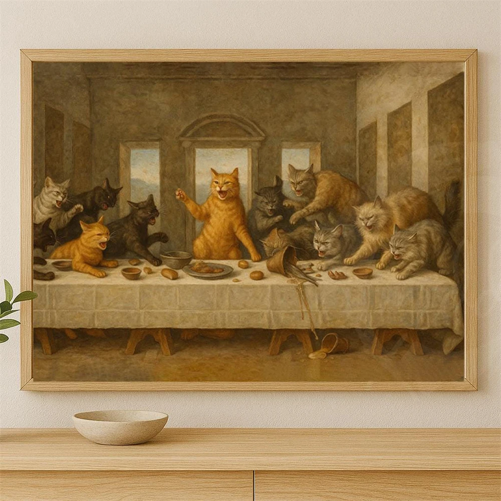 Funny Cat Canvas Art Michelangelo Art Poster Print Humorous Renaissance Canvas Painting Cat Venus Botticelli Prints Bedroom Art