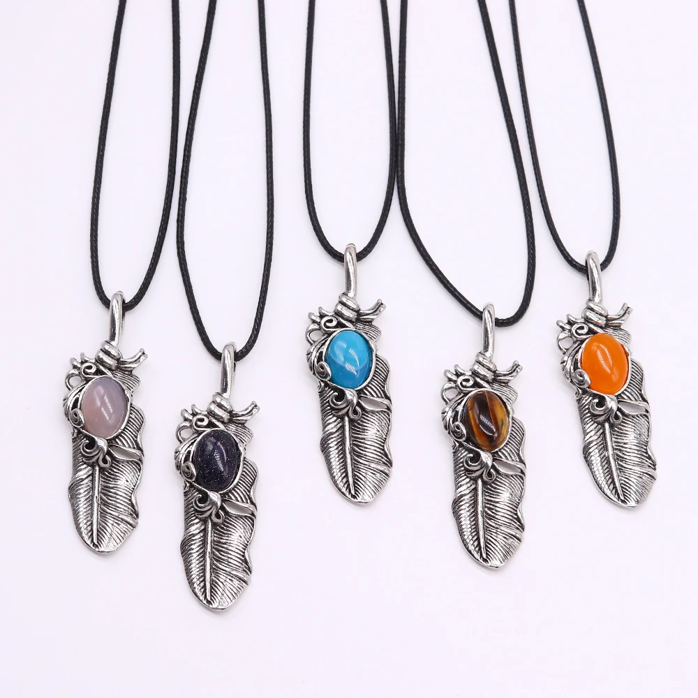 Selling Vintage Feather Pendant Natural Stone Tiger Eye Agate Pendant Necklace Women's Rose Quartz Jewelry Men's Necklace Gift