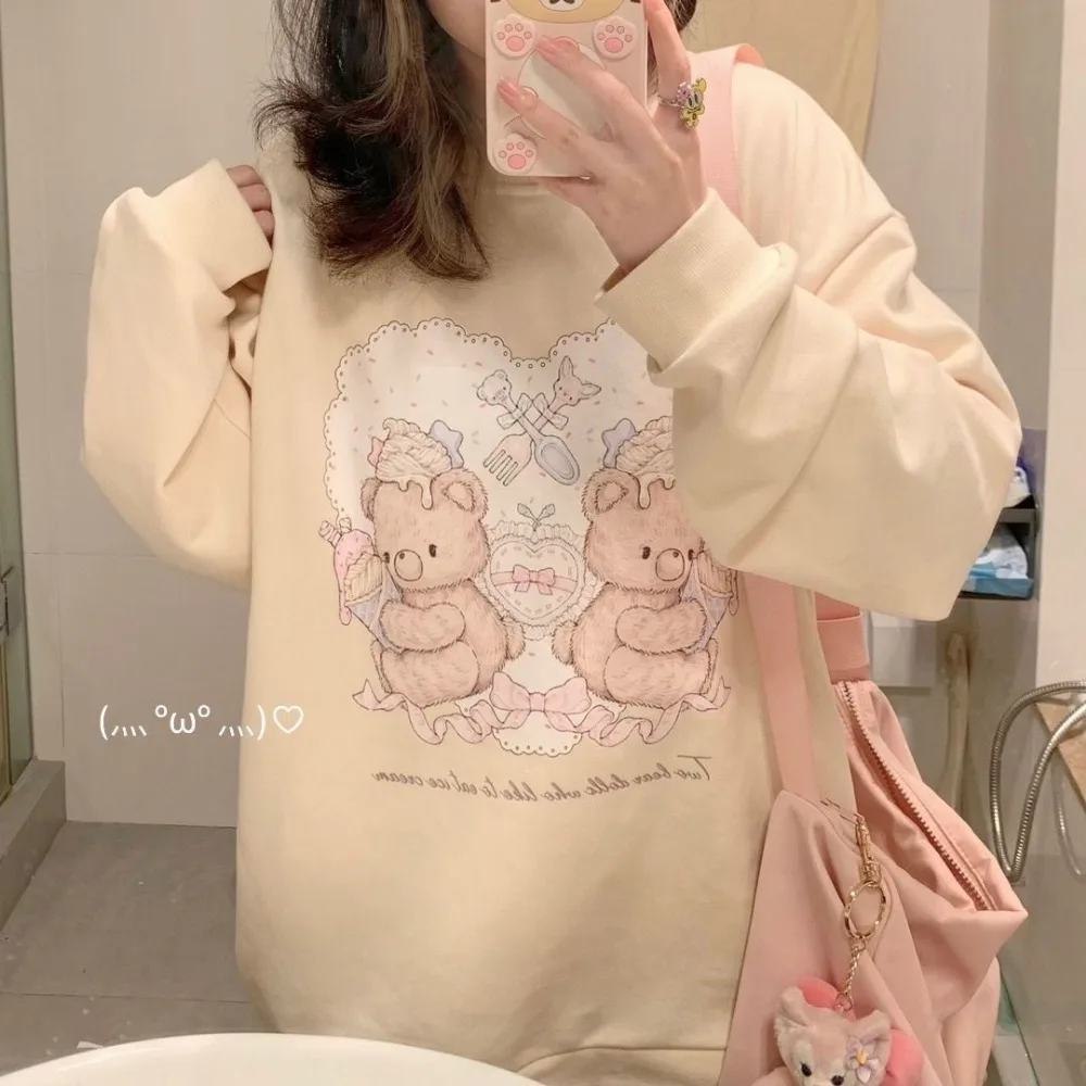 Thick Velvet Winter Top Japanese Cute Bear Printed Y2K Sweatshirt Lolita Hoodie Loose Kawaii Harajuku Teens Long Sleeve Pullover