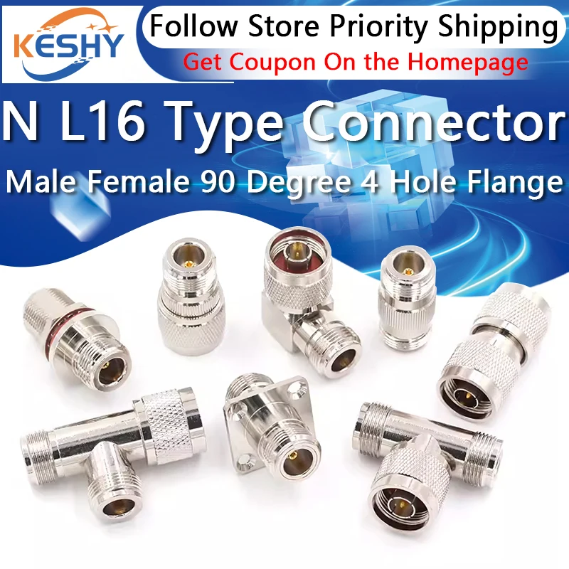 N Type Connector L16 N Male Female 90Degree Right Angle 4hole Flange with O-ring Tee Type 3Way Splitter Bulkhead RF Brass Copper