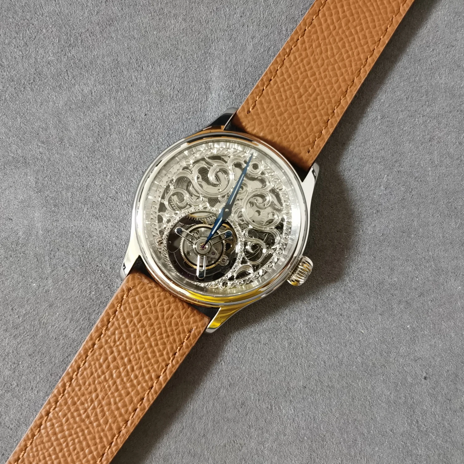 Jacques Genry Men Tourbillon Watch 42mm Manual Winding Mechanical Wristwatch Sapphire Mirror Leather Strap Hollow Carved Dial