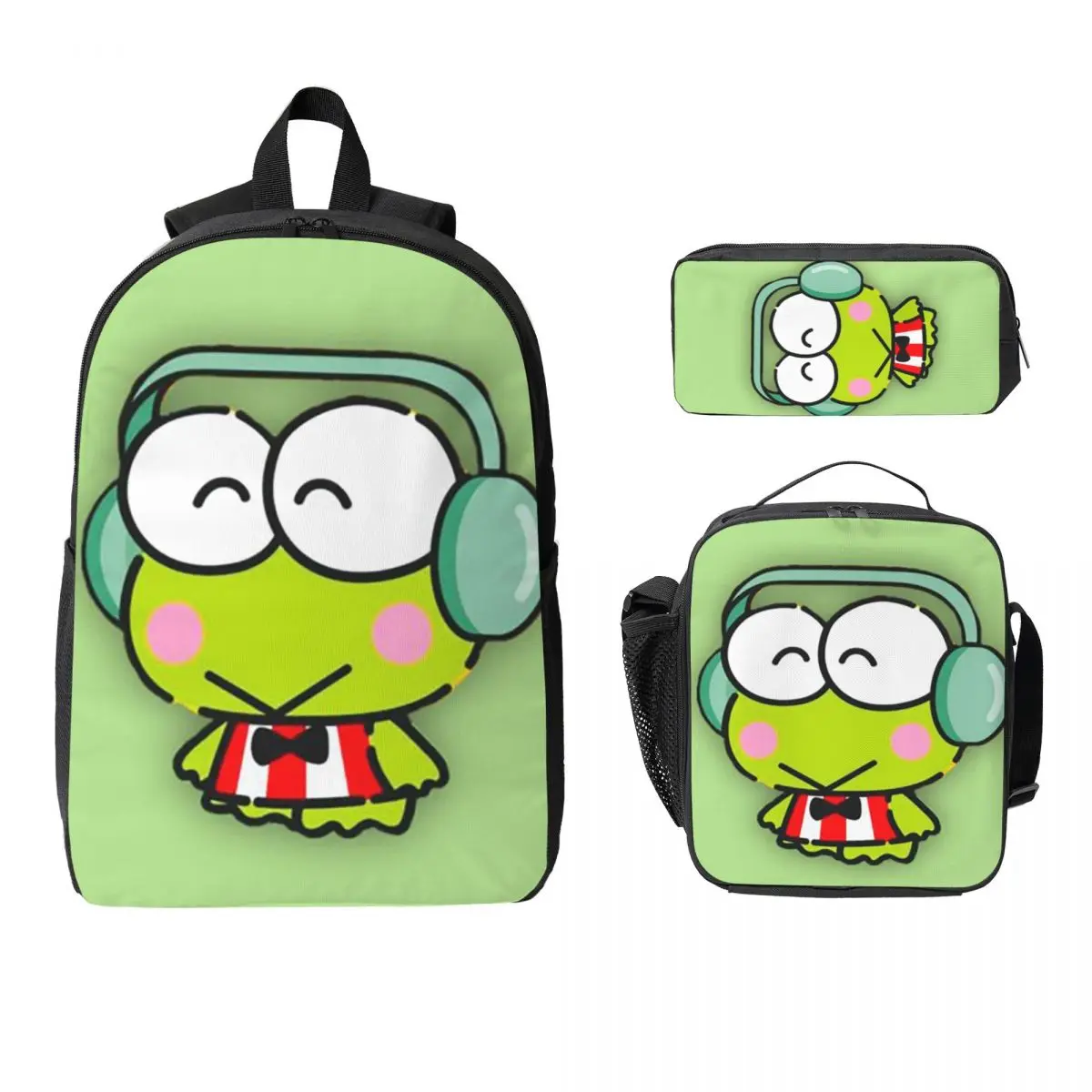 Keroppi كبير العينين الضفدع الكرتون على ظهره بنين بنات BookBag حقيبة مدرسية كمبيوتر محمول حقائب كتف 3ps معزول حقيبة الغداء مقلمة