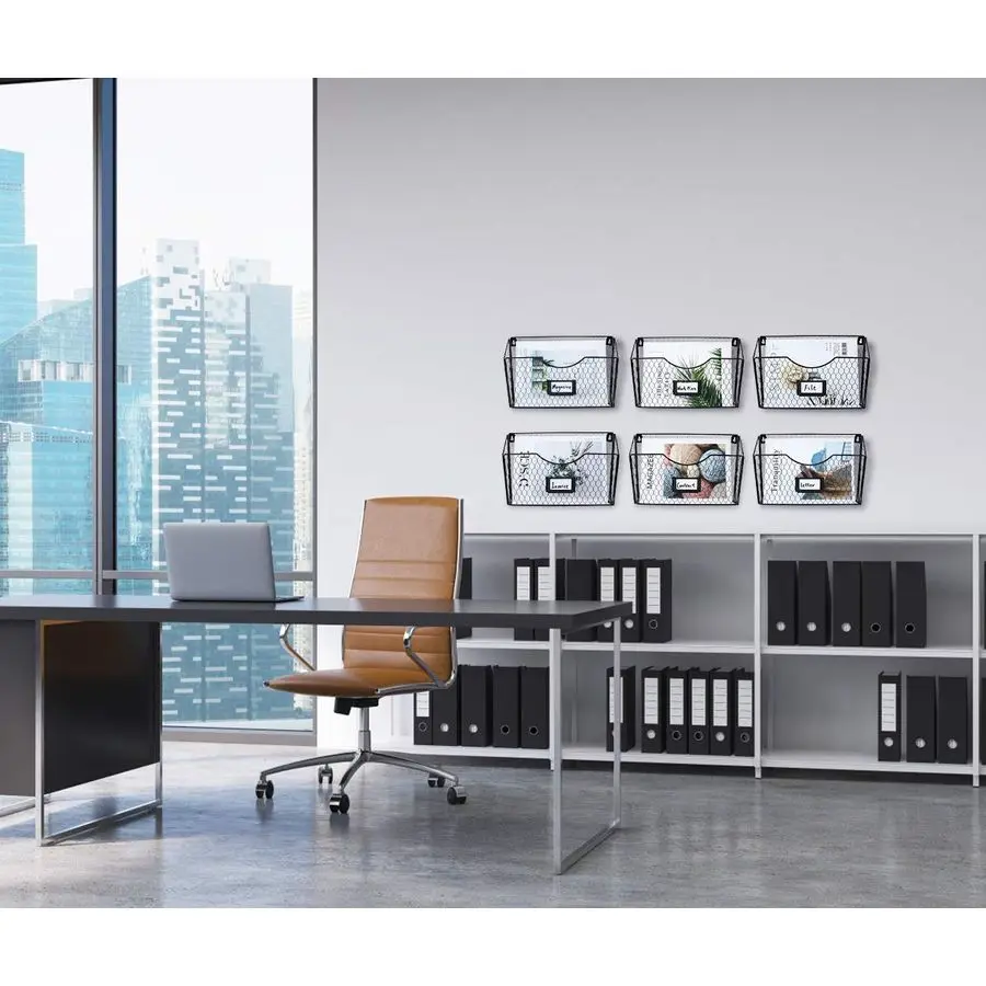 6 Pockets Hanging File Holder Wall Mount Mail Organizer Metal Chicken Wire Magazine Rack with Tag Slot, Black