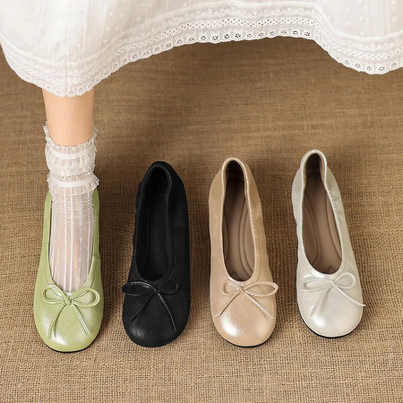 2026 New Sheepskin Bow Slip On Loafers Round Toe Hidden Low Wedge Heel Sheepskin Lining Light TPR Sole Soft All-match Daily F106