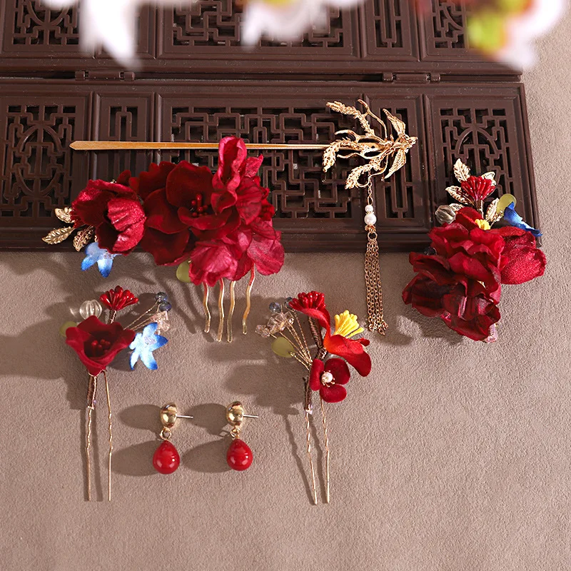 

Chinese Red Flower Hair Stick Earrings Set Chinese Wedding Headpiece Women Vintage Hairpin Retro Hanfu Hair Accessories Gift