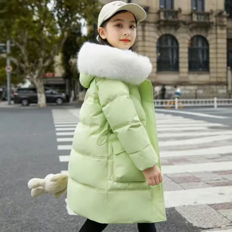 2023 Korean Style Girl Winter Down Jacket Cartoon Bear Thicken Warm Long Girl Outerwear Coat 5-14 Year Teenage Girl Parka Outfit