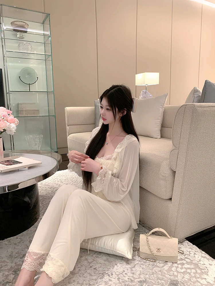 French Princess Style Sexy Modal Long-sleeved Pajamas Three-piece Set 2025 New Lace Lace Sweet Girl Comfortable Soft Loungewear
