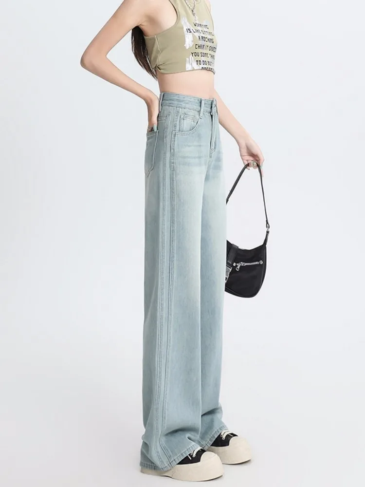 

FINEWORDS New Vintage Wide Leg Baggy Jeans Women Korean High Waist Denim Pants Light Blue Causal Streetwear pantalones de mujer