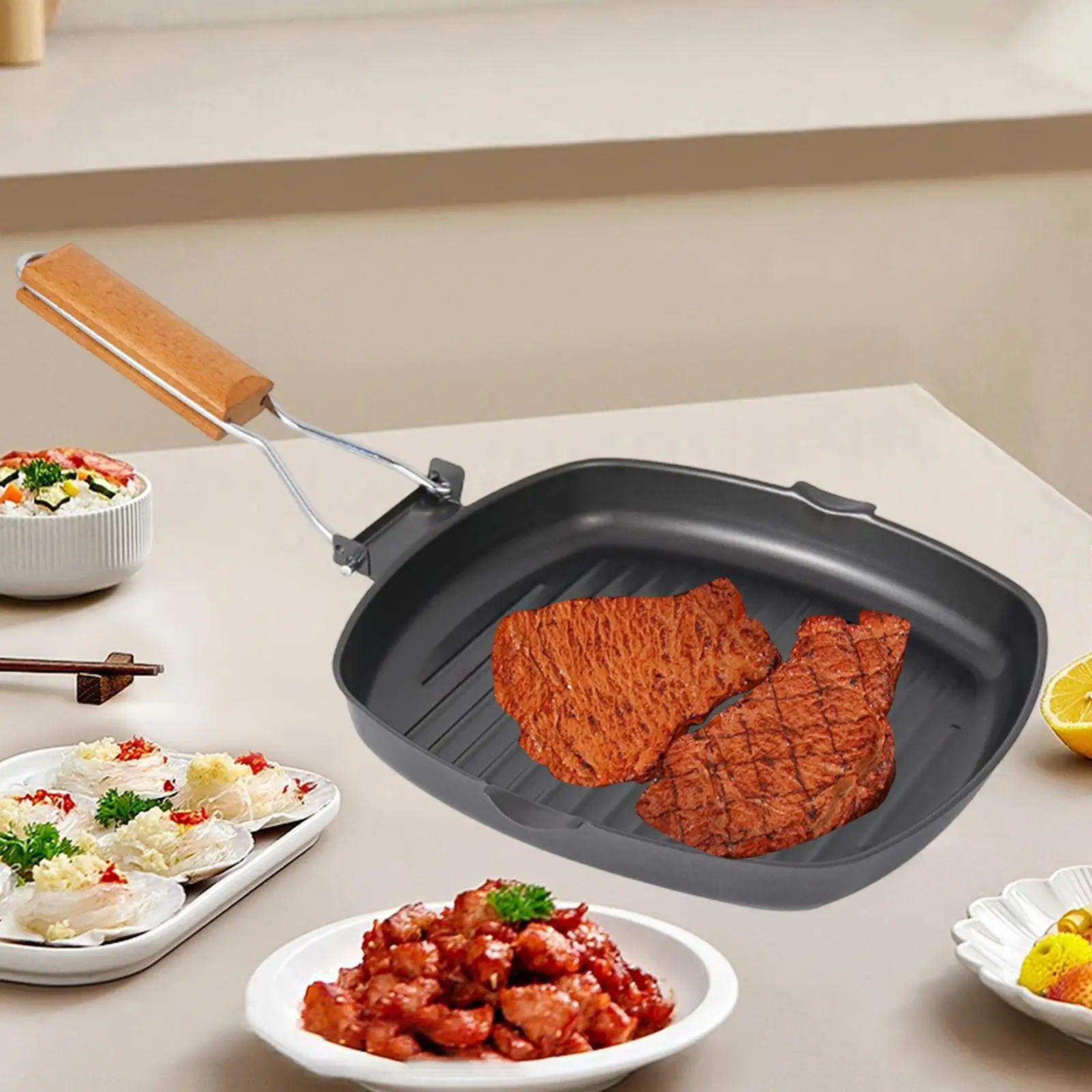 

Barbecue Grill Plate Grill Pan Foldable Handle Flat Bottom Cooking Easy to Clean Skillet Grill Pan Steak Pan Steak Frying Pan