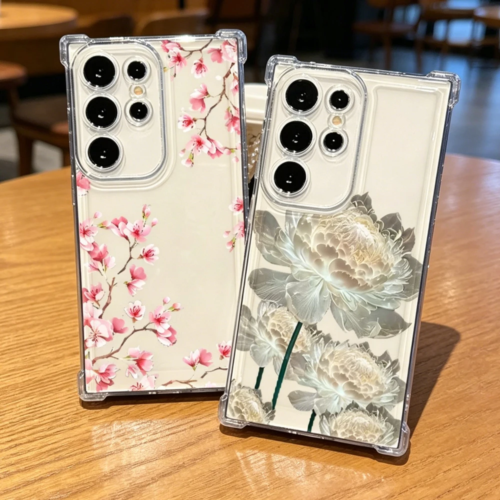 Case for Samsung Galaxy S26Ultra 5G S25 FE S26 Plus Ultra A17 A27 A37 A57 Clear Lotus Floral Plum Flower Shockproof Phone Case