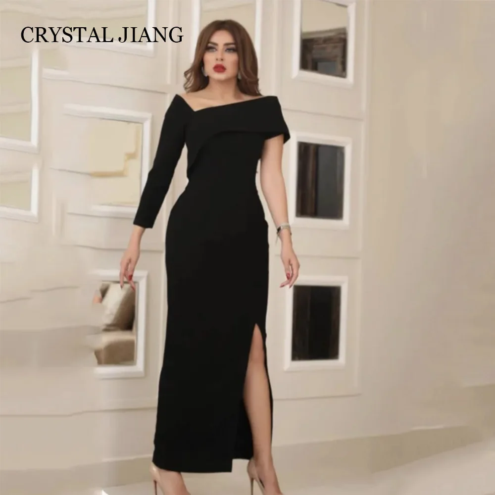 

Classy Long Black Off the Shoulder Spandex Evening Dresses Full Sleeves with Slit Sheath Ankle Length Vestidos De Festa