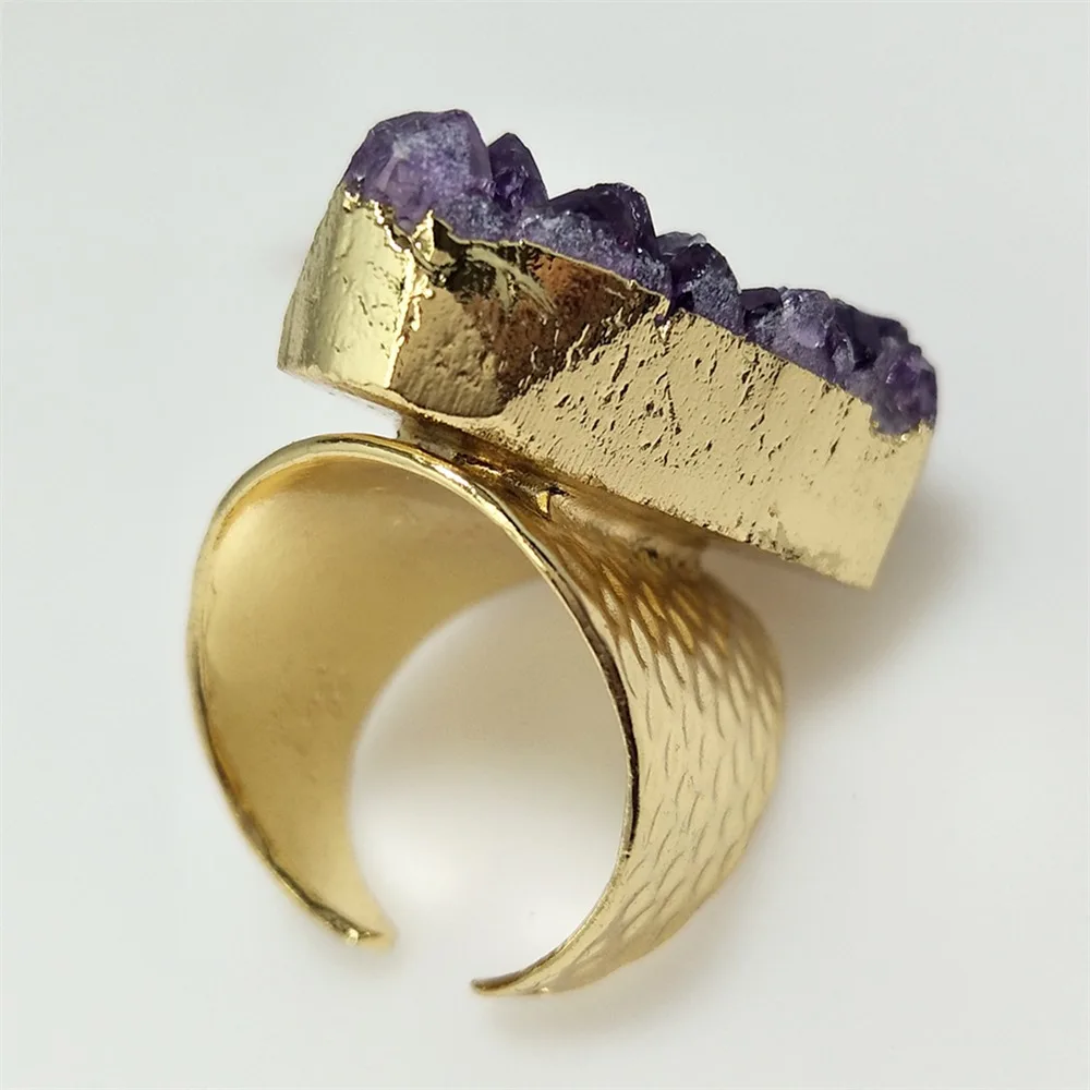 1Pc Natural Water Drop Amethyst Cluster Ring,Golden/Silvery Plated Semi Precious Stone Jewelry For Valentine\'s Day Gift RG043
