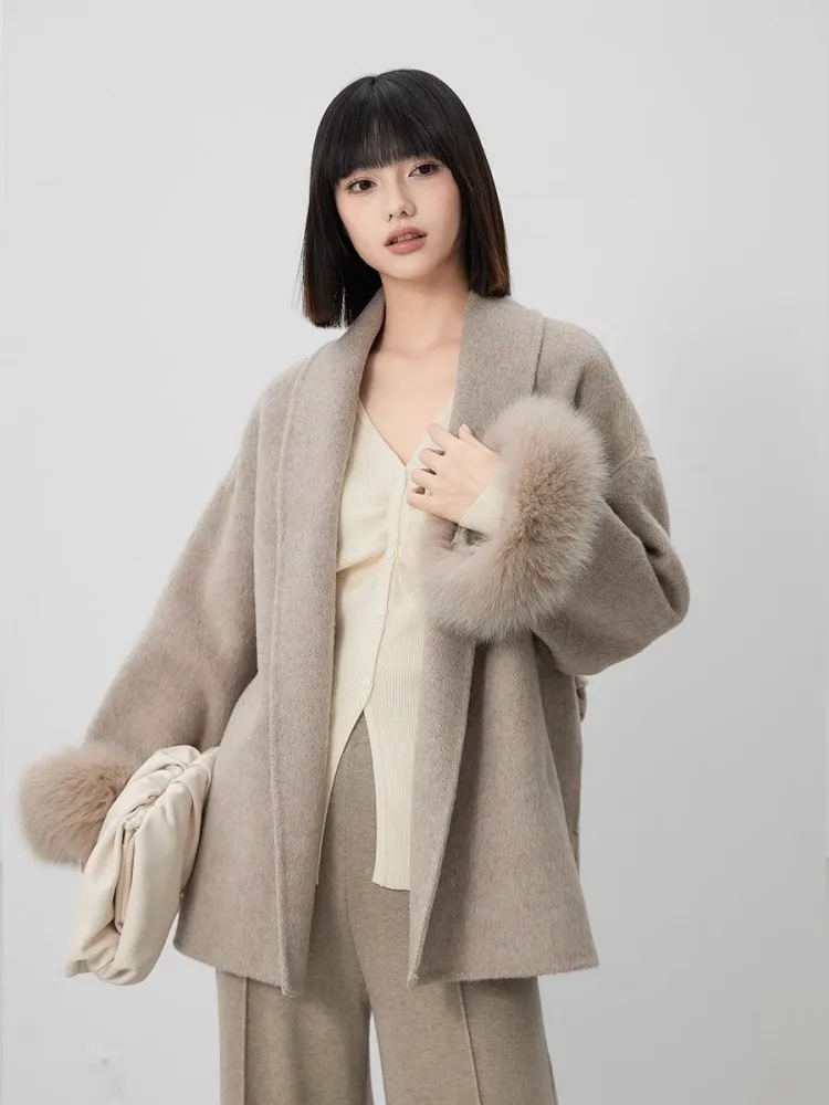 Double Sided Cashmere Coat With Straps For Women\'S Autumn And Winter Haute Couture Cape Fur Cuffs Detachable Fox Fur Short Coat