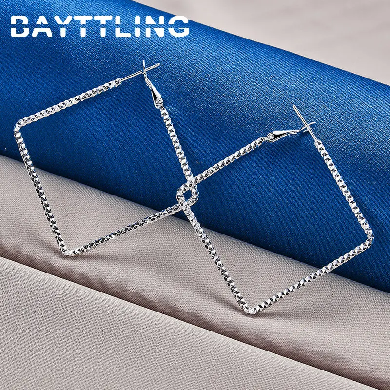 

BAYTTLING 925 Sterling Silver 50MM Square Hoop Earrings For Women Fashion Beauty Wedding Gift Party Jewelry Accessories