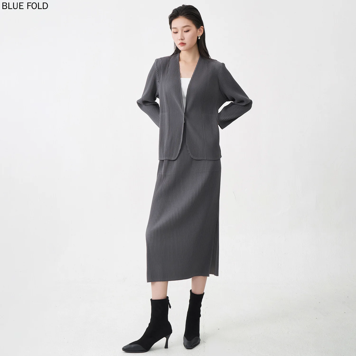 Conjunto de moda Miyake para mujer, traje profesional de alta gama, cárdigan, chaqueta, falda con abertura, conjunto de dos piezas