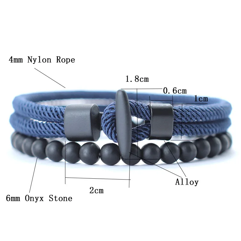 Noter New 2pcs/Set Men Bracelet Natural 6mm Onyx Stone Beaded Braclet Homme 4mm Pulseira Corda Masculina Pirate Accessories Gift