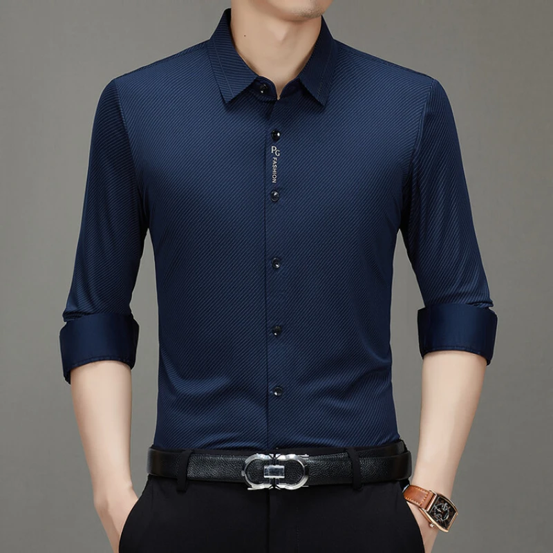 

Pinstripe High Quality Men's Business Casual Long Shirt, 2024 Autumn Breathable Top, Neckline Printing Design