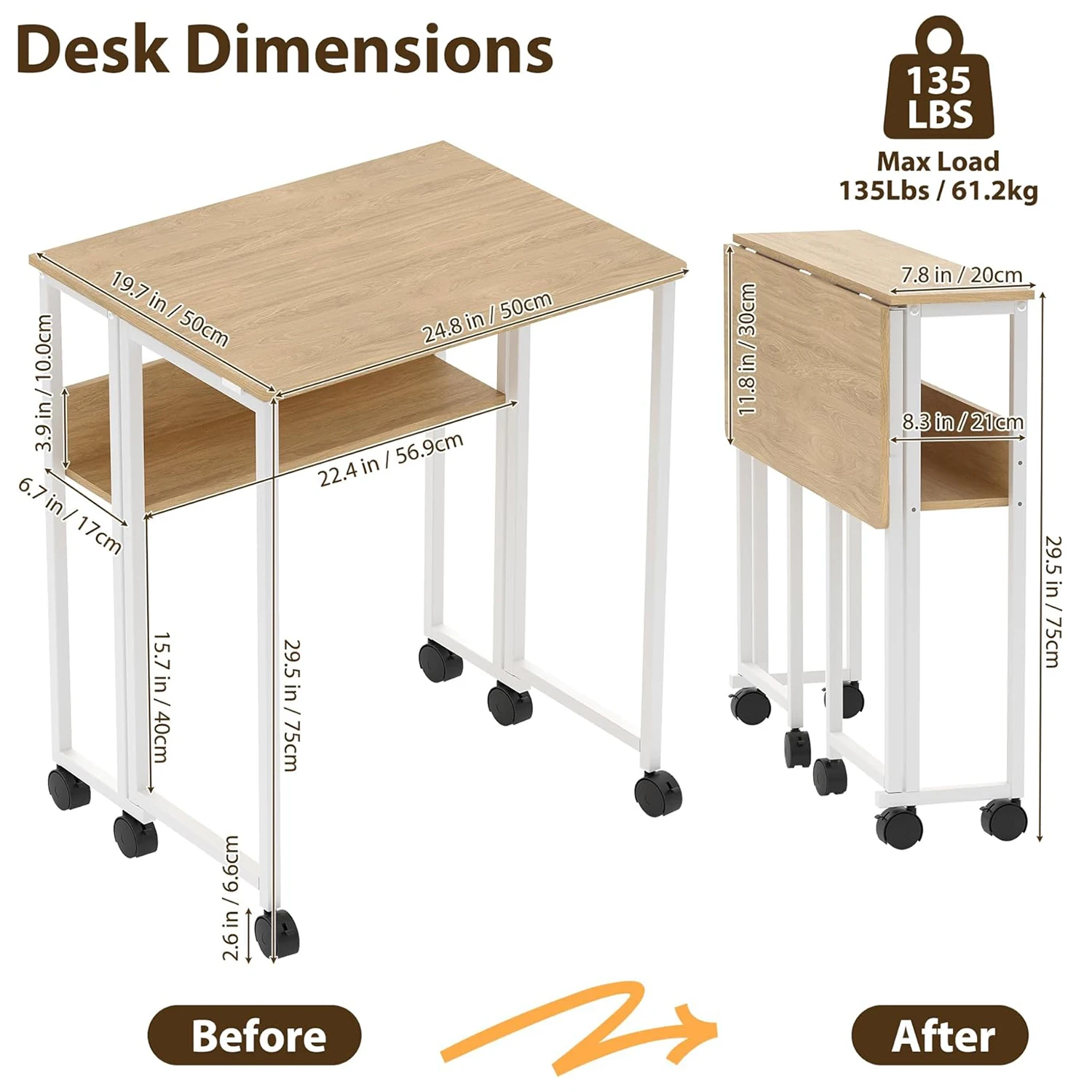 مكتب قابل للطي مع رف تخزين، مكتب دوار 63 × 50 سم على عجلات، طاولة كمبيوتر للمكتب المنزلي، سهلة التجميع، موفرة للفصل