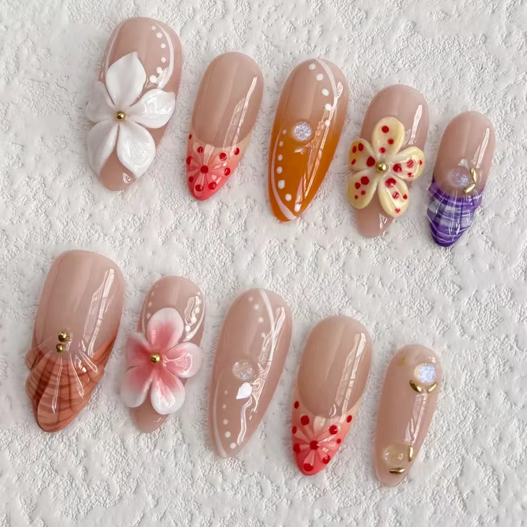 10Pcs Handmade Long Almond Press on Nails Art Party Cute French Flower Fake Nails 3D Pink False Nails with Nail File Set