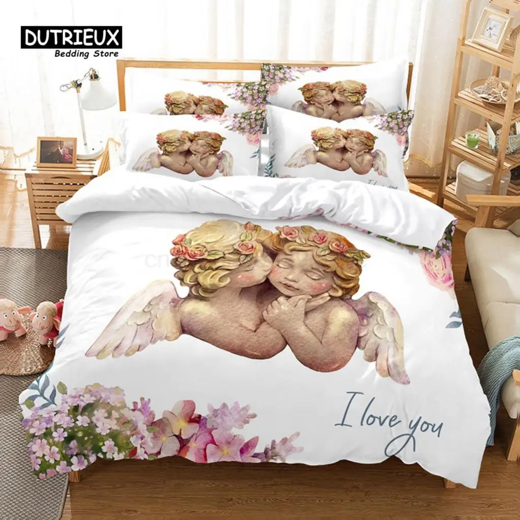 3D Cartoon Angel Duvet Cover Angel Wing Bedding Set Microfiber Flower Comforter Cover Full King Size For Girls Kids Child Gifts