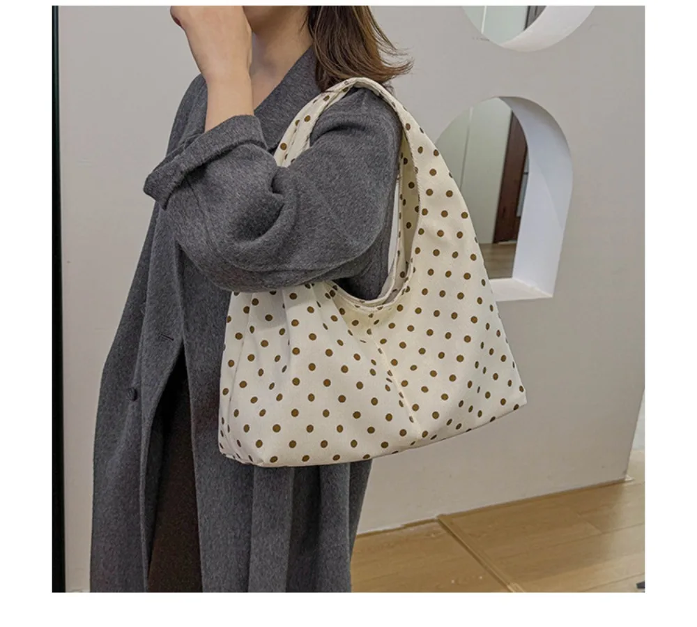 Neue Damenhandtasche mit Polka-Dot-Muster, lässige Umhängetasche aus Cord, große Tragetasche für den täglichen Pendelverkehr – Detail 14