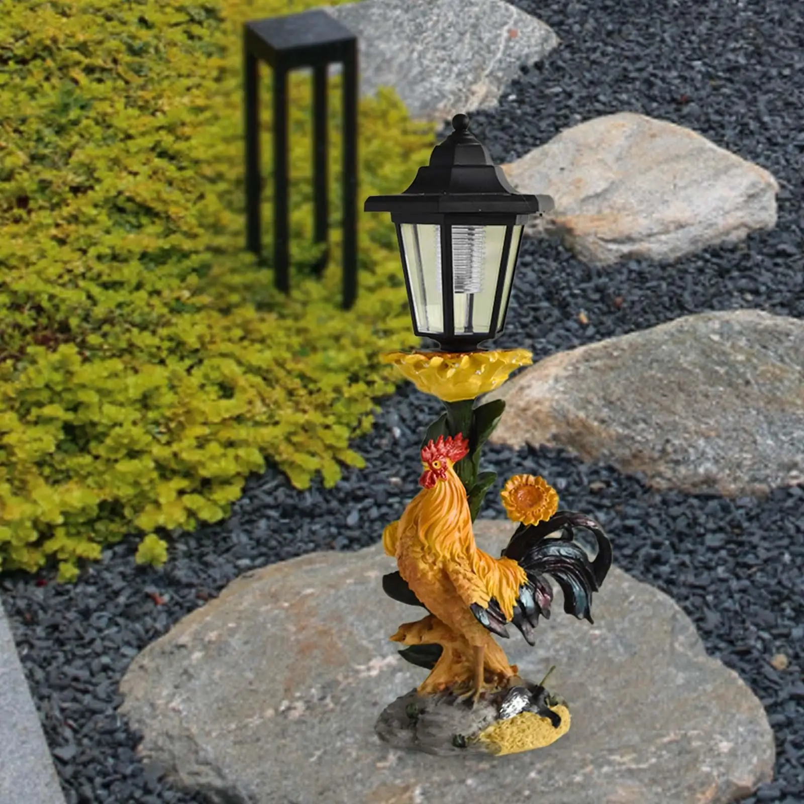 Rooster Solar Garden Statue Resin Yard Art Decor Solar Post Lamp Cock Sculpture for Outside Landscape Porch Walkway Backyard