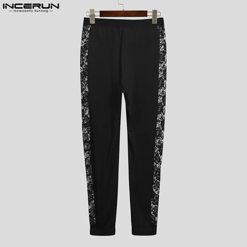 INCERUN Men Pants Lace Patchwork Sexy Elastic Waist Fitness Transparent Male Leggings Streetwear 2024 Fashion Trousers S-5XL