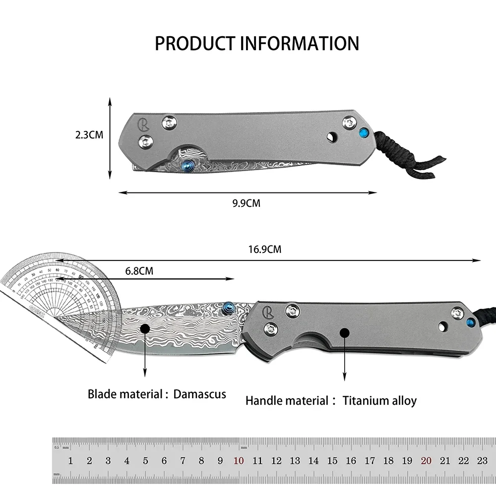 Chris Reeve Damascus Steel Hunting Folding Knife TC4 Titanium Alloy Handle D2 Blade Outdoor Camping Tactical Jackknife with Clip