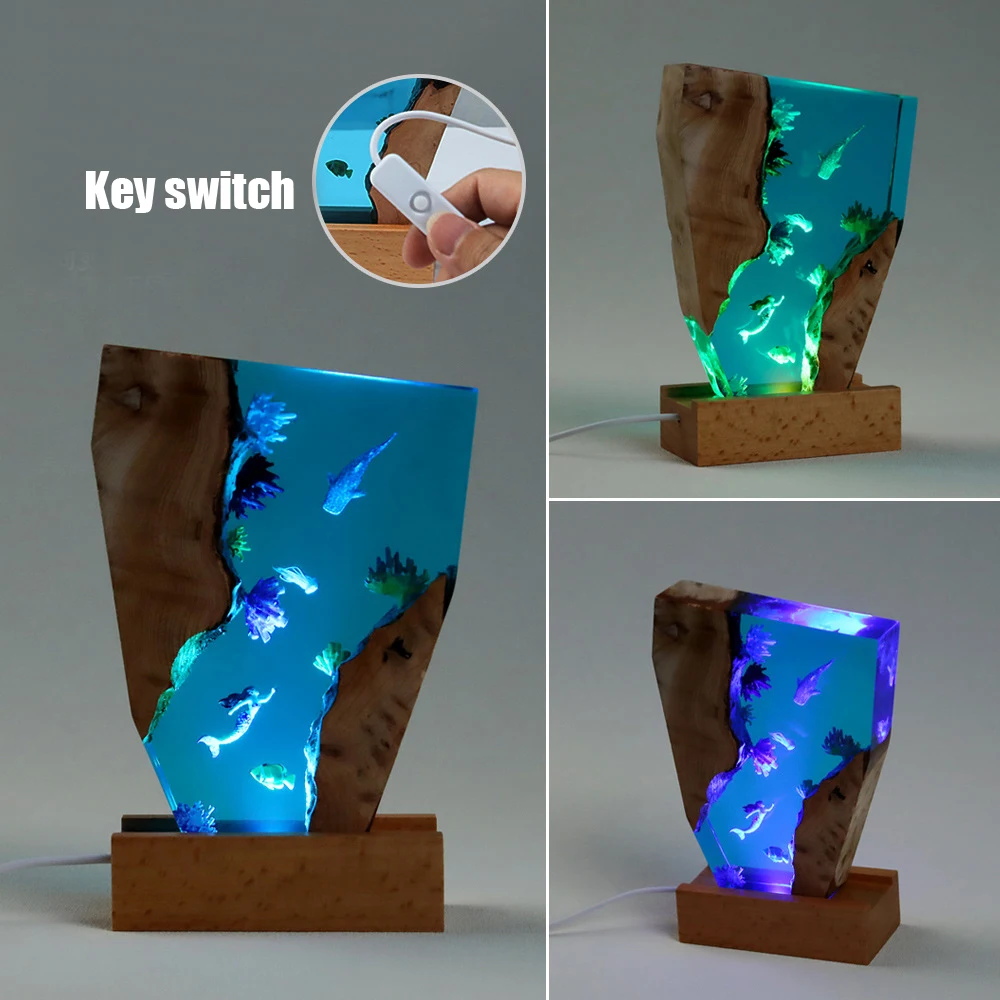 حورية البحر موضوع الكائن الراتنج الجدول ضوء الفن الإبداعي الديكور مصباح تحت سطح البحر العالم ليلة ضوء USB تهمة