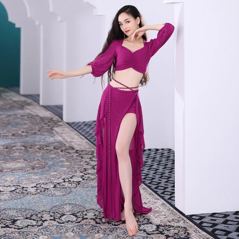 Belly Dance Practice Clothes Suit Printing Mesh Top Short Sleeves Split Skirt  Set Female Elegant Performance Clothing Summer