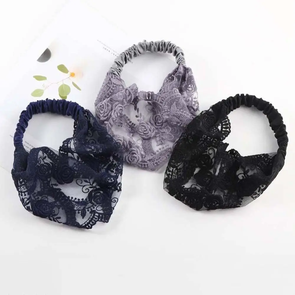 

Elegant Non Slip Lace Flower Headband Hair Hoop Transparent Mesh Hollow Hairbands Korean Style Elastic Wide Side Head Wrap Party