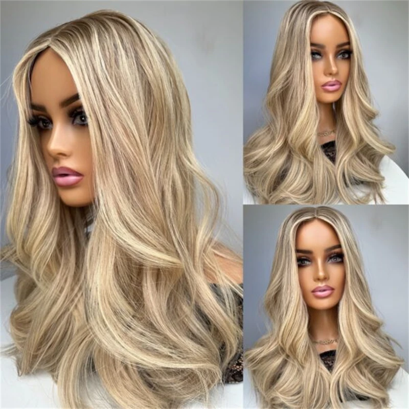 13x4 Ombre Light Golden Blonde Synthetic HD Invisible Lace Front Wig  Soft Long Body Wave Wig Top Glueless Futura Premium Wig