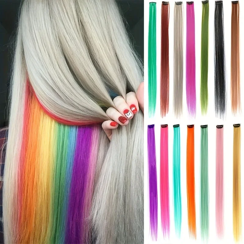 

Clip in Hair Extensions, 22 Inch Colored Hair Extensions Party Highlights Long Straight Synthetic Hairpieces for Women Kids Girl