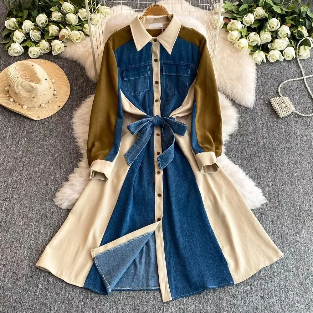 Veters Hoge Taille Vrouwen 2024 Vestidos Patchwork Denim Jurken Resp Lange Mouw Jurk Vestido Femininos Franse Stijl Kleding