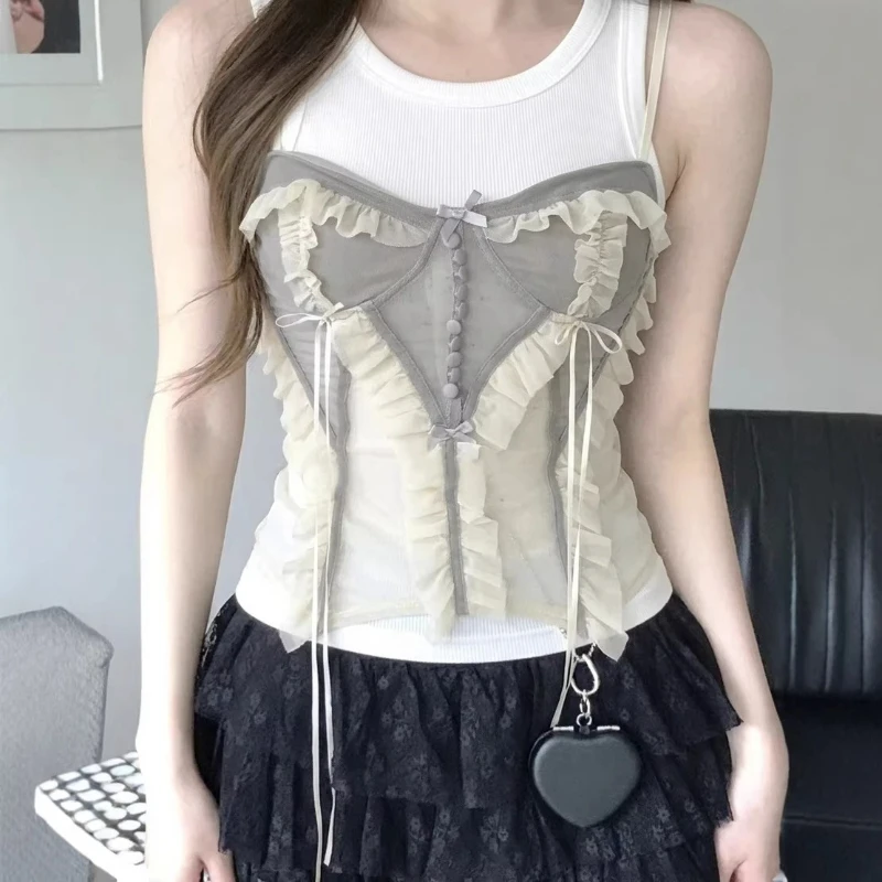 2026 Summer New Heavy Industry Hot Selling Lace Mesh Strap Stacked Vest Top for Women