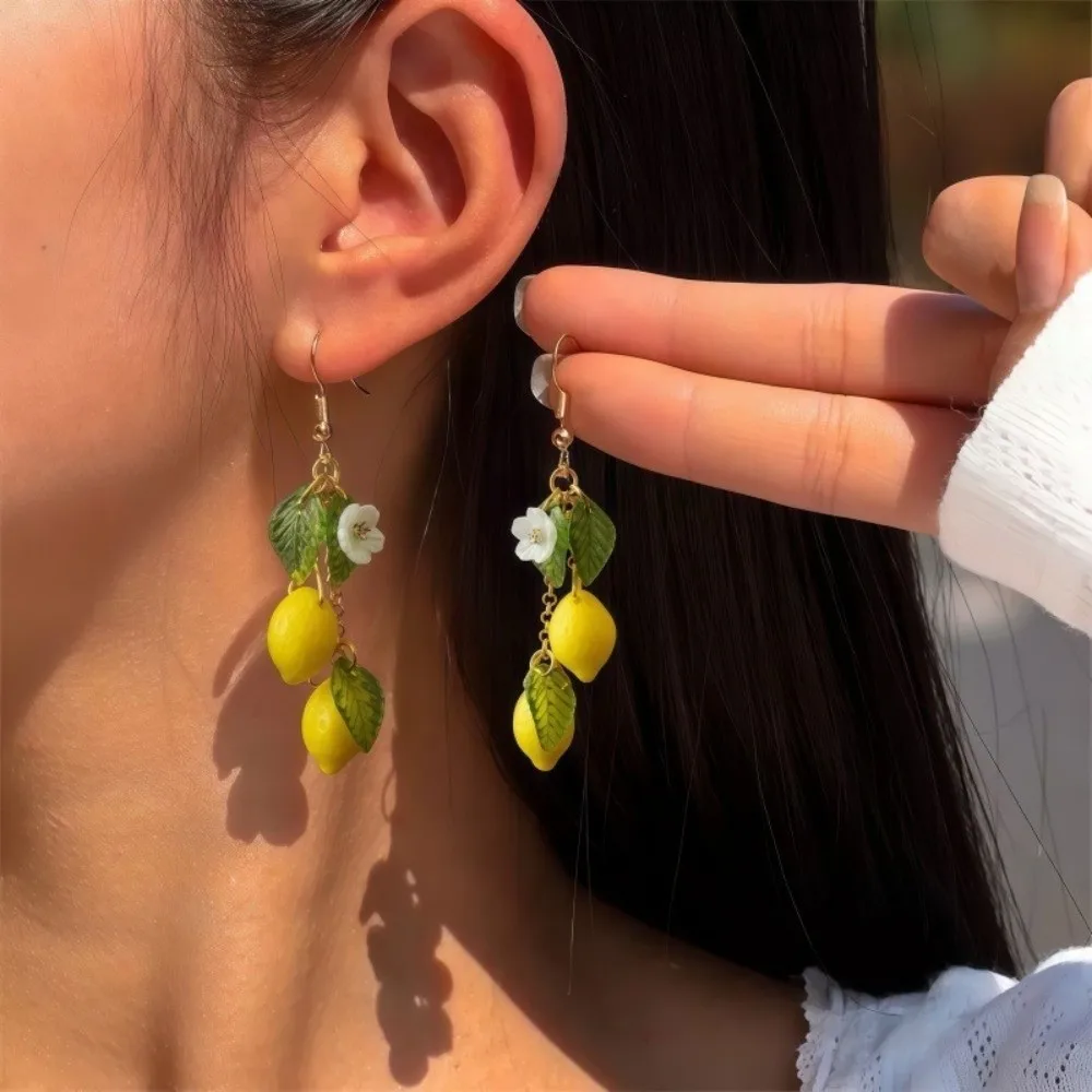 Sweet Lemon Shaped Necklace Acrylic Flower Dangle Earrings Cute Trendy Fruit Hooks Earrings Women Vacation Party Casual Wear