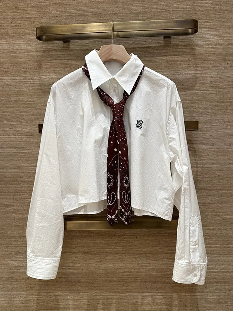 

Loose Fit Embroidered Letter Design White irt with Tie French Sle Cotton Long Sve ort Length Women's Faion irt