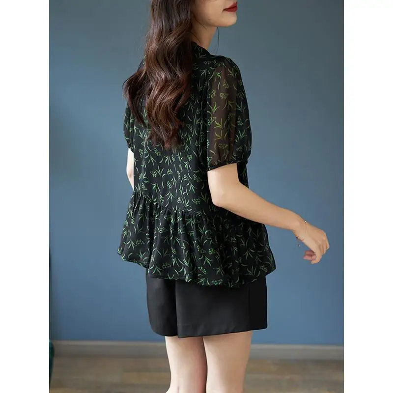 Summer New Vintage Printing Loose Casual Blouse Female Short Sleeve Fashion All-match Buttons Top Women Oversized Elegant Shirt