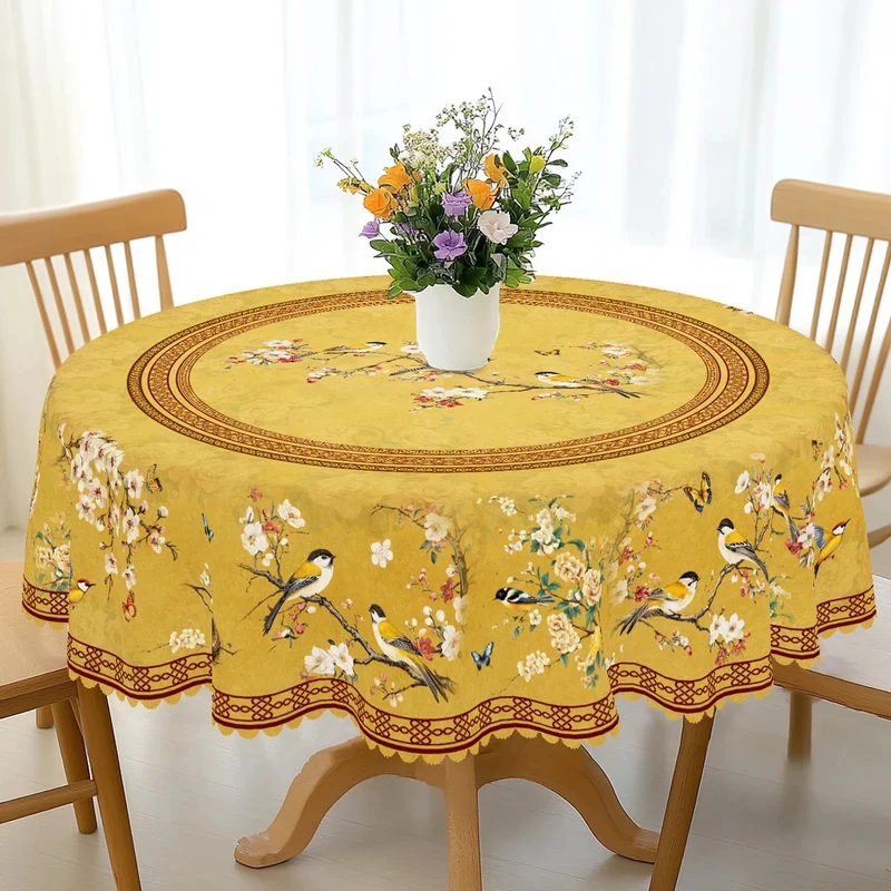 Runde Tischdecke im Retro-Stil mit Blumen- und Vogelmuster, Tägliche Gartentischdekoration, Tägliche Haushalts-Küchentischdecke