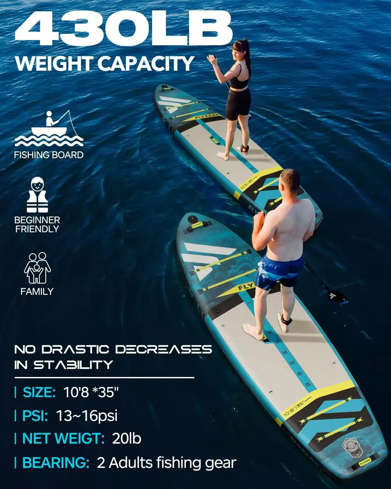 SUP Aufblasbares Paddleboard im Ocean Explorer-Stil, Outdoor-Wasserstation-Board, 11 Fuß, 325 * 89 * 15 cm, ultrabreites Design, geeignet für Familienreisen, Wasseryoga, Fitness, Angeln und Seen. Wird mit einem vollständigen Zubehörset geliefert, einschließlich Sitze und Paddel. – Detail 2