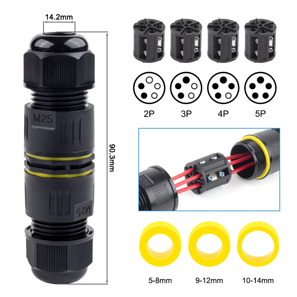 IP68 M25 złącze kablowe zewnętrzna wodoodporna skrzynka przyłączeniowa połączenie śrubowe 2/3/4/5 Pin zacisk przeciwdeszczowy lutowana lampa LED mniej