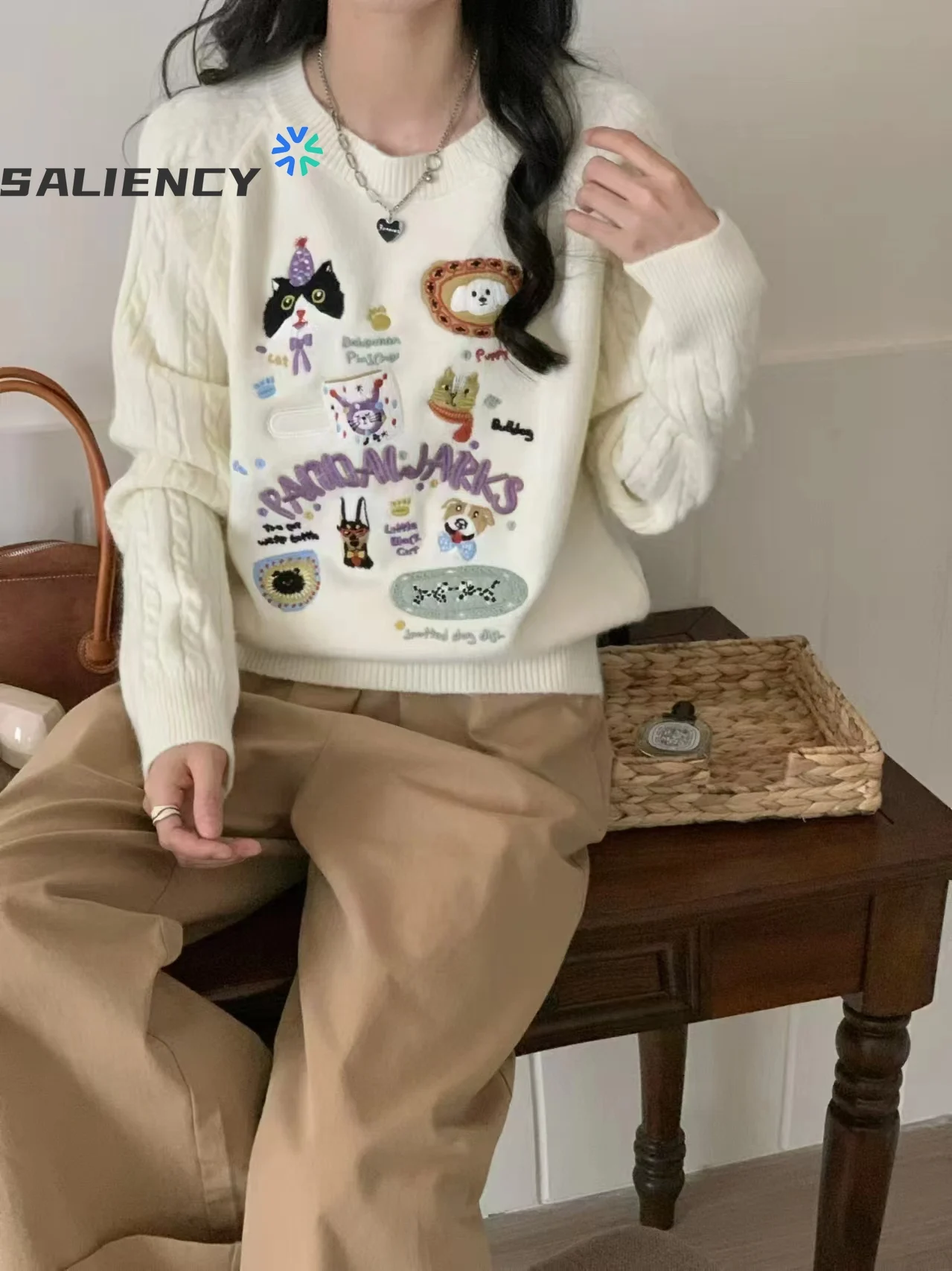 

Autumn Cashmere Women Cute Sweater Stylish Casual Cartoon Embroidery Knitted Pullover Tops O-Neck Long Sleeve Jumper 3 Colors