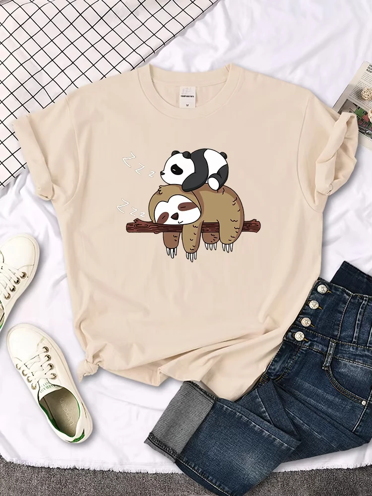 الباندا الكذب على امرأة مطبوعة الكسل تي شيرت الجولة الرقبة بلايز جديدة المتضخم قصيرة الأكمام الملابس النسائية تنفس #3