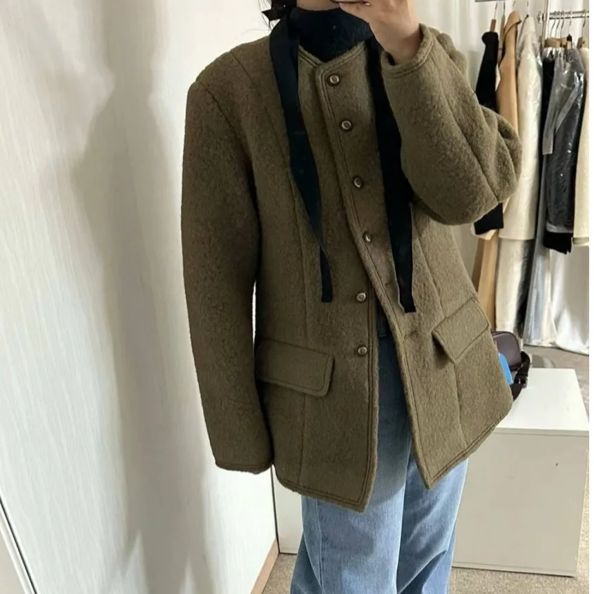 

Chic Woolen Coat Women's Loose Single Button Retro Sle Small Fraance Sle Top Quali Autumn Winter New Arrival