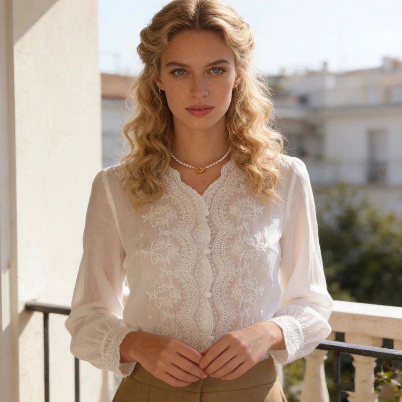 

White Women's Lace Shirt Fashion Vintage V-neck Long Sleeve Shirts Women Casual Cardigan Single-breasted Office Blouses and Tops