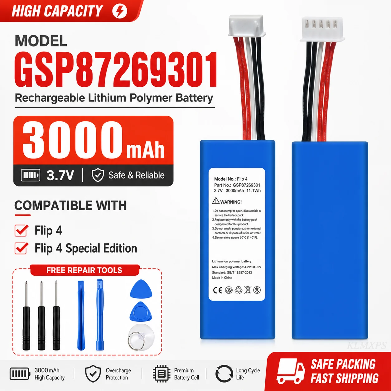 High Capacity GSP872693-01 Lithium Battery Pack Compatible With JBL Flip 4 Special Edition Speaker