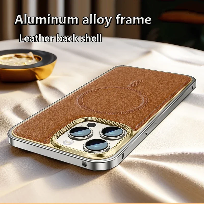 Luxury Leather Magsafe Metal Frame Phone Case Fro iPhone 14 15 Pro Max Aluminum Alloy Frame Leather Back Plate Shockproof Cover