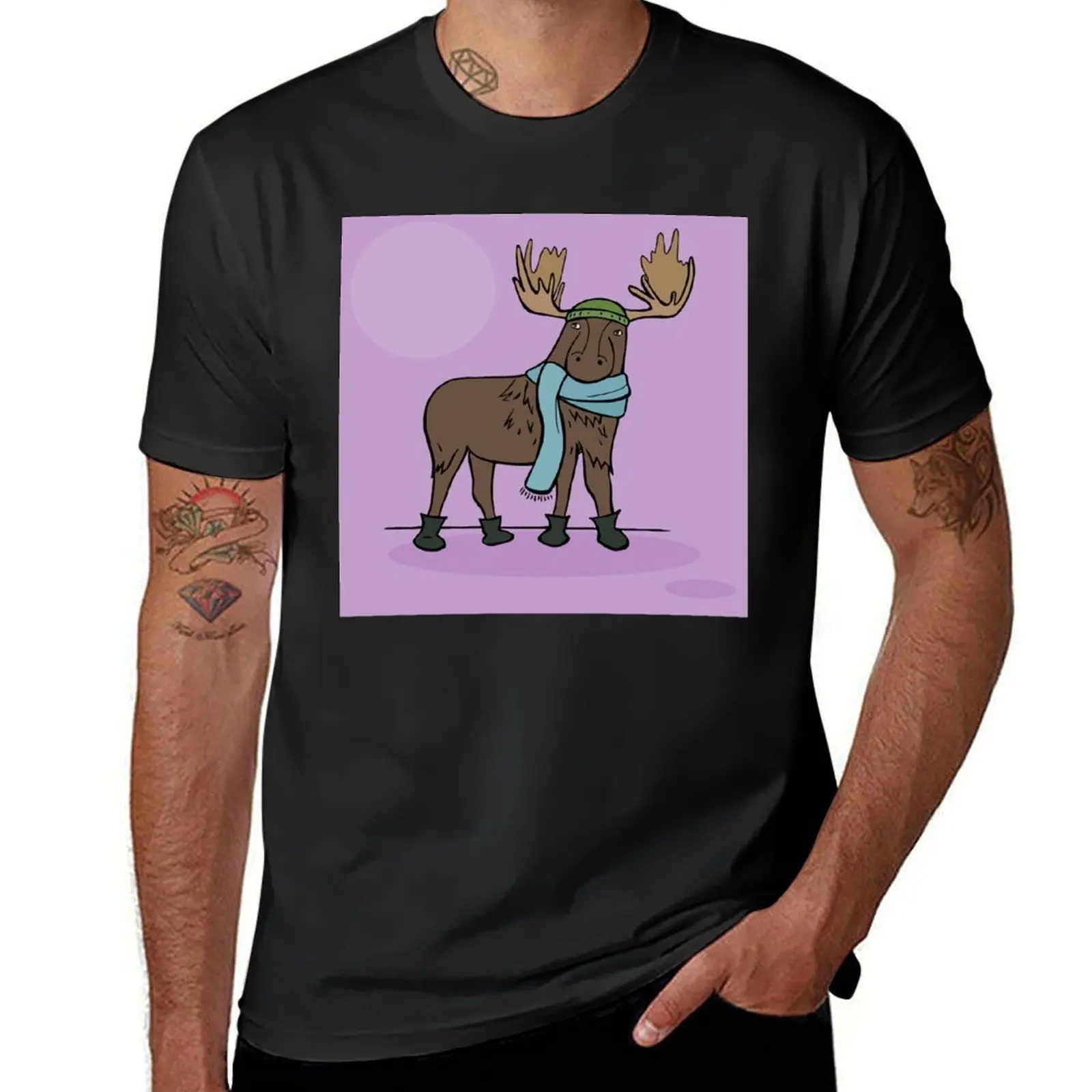 Winter Moose in a Scarf T-Shirt customizeds vintage clothes plus size tops blanks fruit of the loom mens t shirts